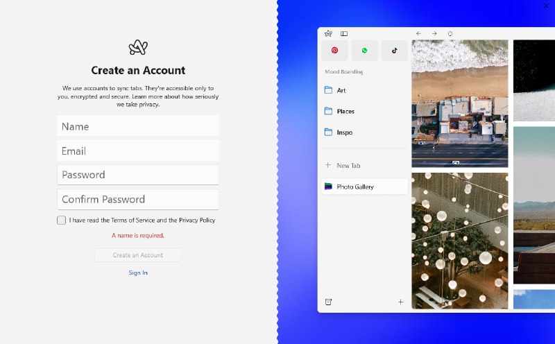 Test Arc for Windows下载，安装，创建账户，登录账户后发现 Arc for windows 还是比较初期的版本，界面较为简陋，和Mac端相比差的有点多